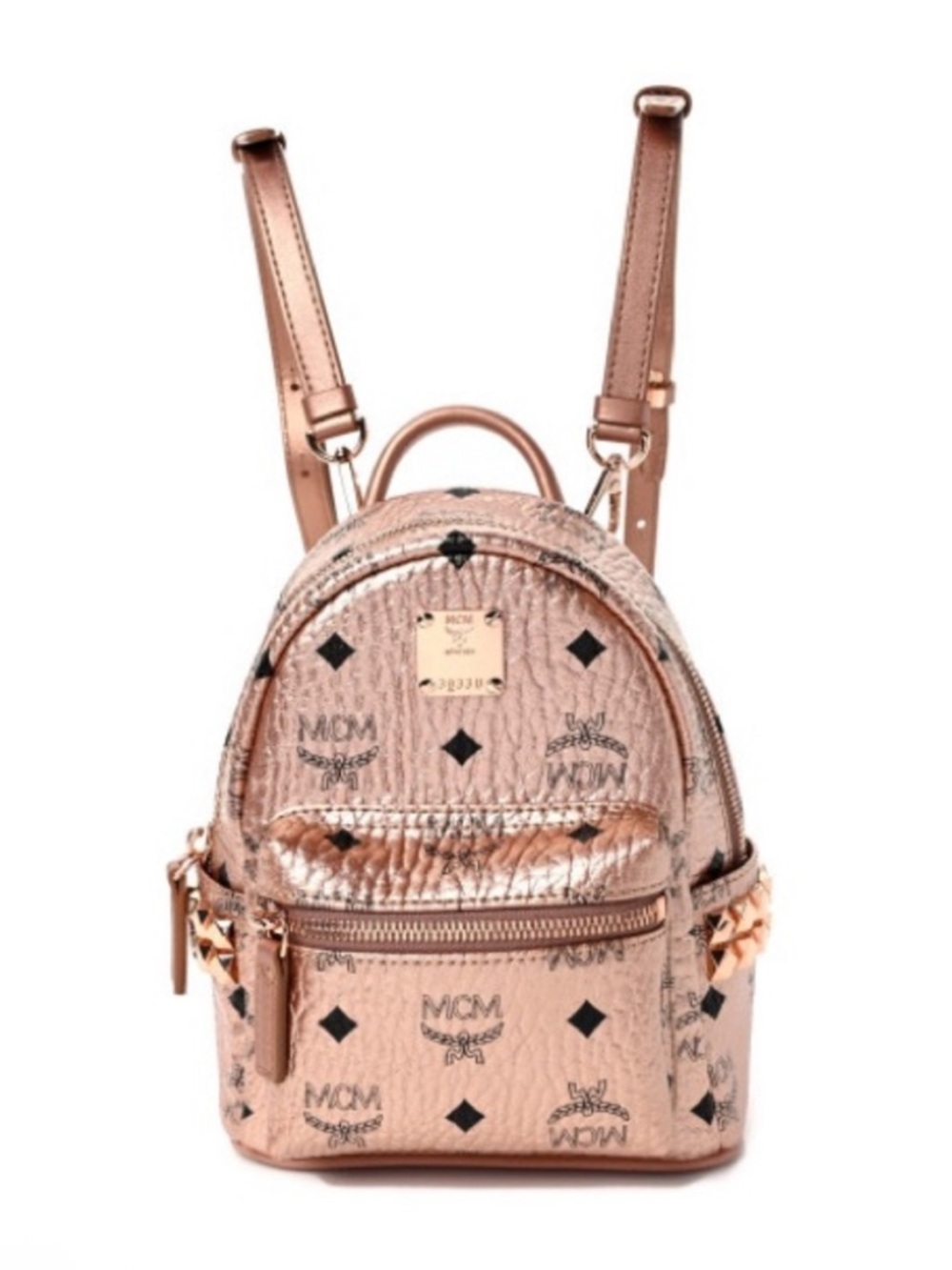 MCM Stark Bebe Boo X-Mini Backpack Rose Gold Visetos Leather Studded Monogram